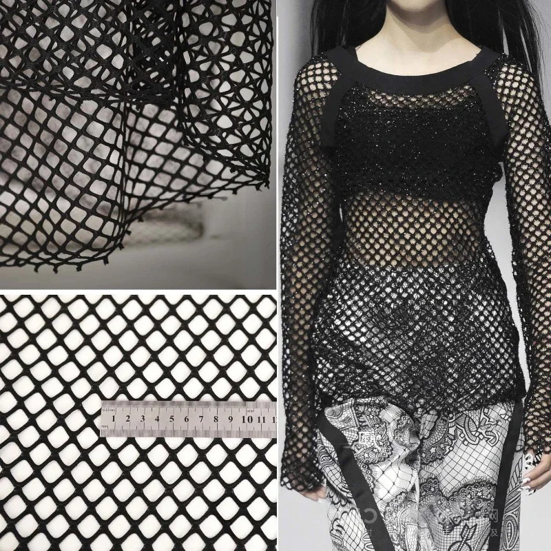 Black Solid Color Hollow Mesh Big Eye Hole  Fabric Fishing Net Hollow Mesh Perspective Cover Shirt Designer Fabric