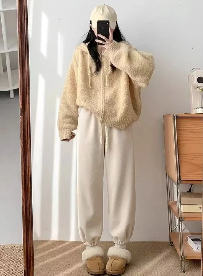 Pink Fleece Sports Pants for Women Autumn and Winter Thick Warm Cotton Pants Small Stature Ankle Binding Fleece Sanitary Pants