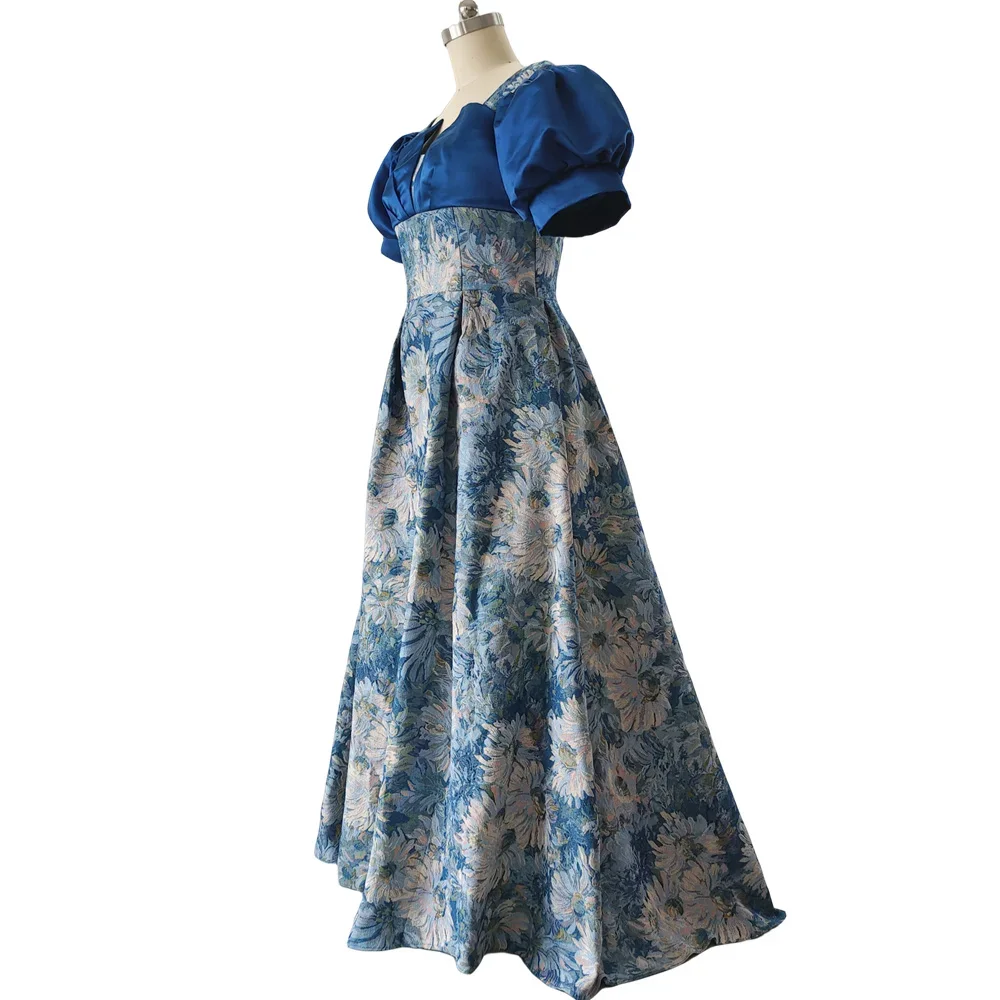 Evening Dresses Jacquard Blue Floral Square Collar Short Sleeves A-line Floor-length Plus size Women Party Formal Gown B2440