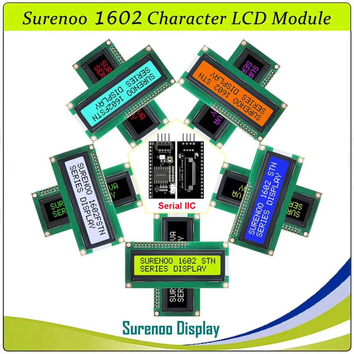 Surenoo 162 16X2 1602 Serial IIC I2C TWI VA White Red Green Character on Black LCD Module Display Screen Panel LCM