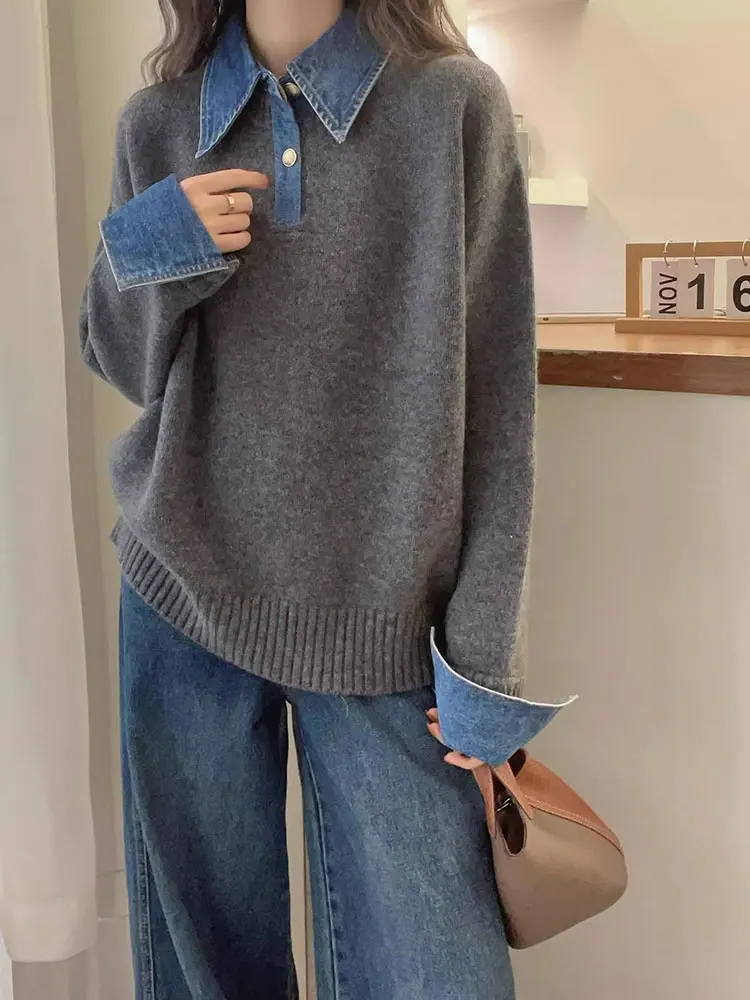 

Американский колледж Sle Ne Denim Све Кепка Сращивание Вязаный свитер Искусственный дизайн из двух частей Верхняя одежда Sensation
