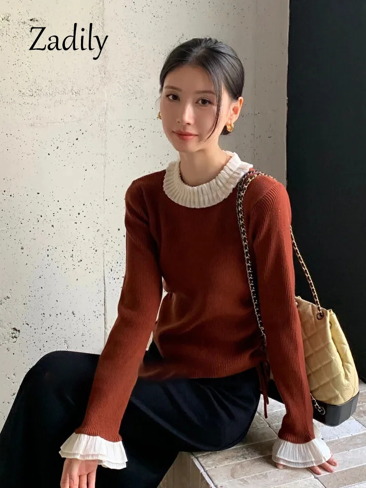 

Zadily 2023 Winter Korea Style Folds Long Sleeve Women Bottoming Sweater Elegant O Neck Patchwork Knit Woman Pullover Clothing