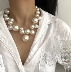 Extra Big Imitation Pearl Bead Choker Collarbone Necklace Chunky Large Bead Bridal Wedding Statement Necklace for Women Jewelry