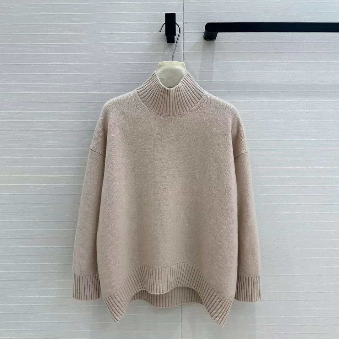 100% Cashmere Knitted Jumper Women Turtleneck Back Zipper Patchwork Long Sleeve Solid Color Casual Loose Pullover Sweater