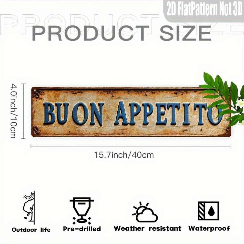 2D Flat, 1pc Italian "BUON APPETITO" Vintage Metal Sign - Large Distressed Rustic Italian Wall Decor with Italian Phrase, Italia image 2
