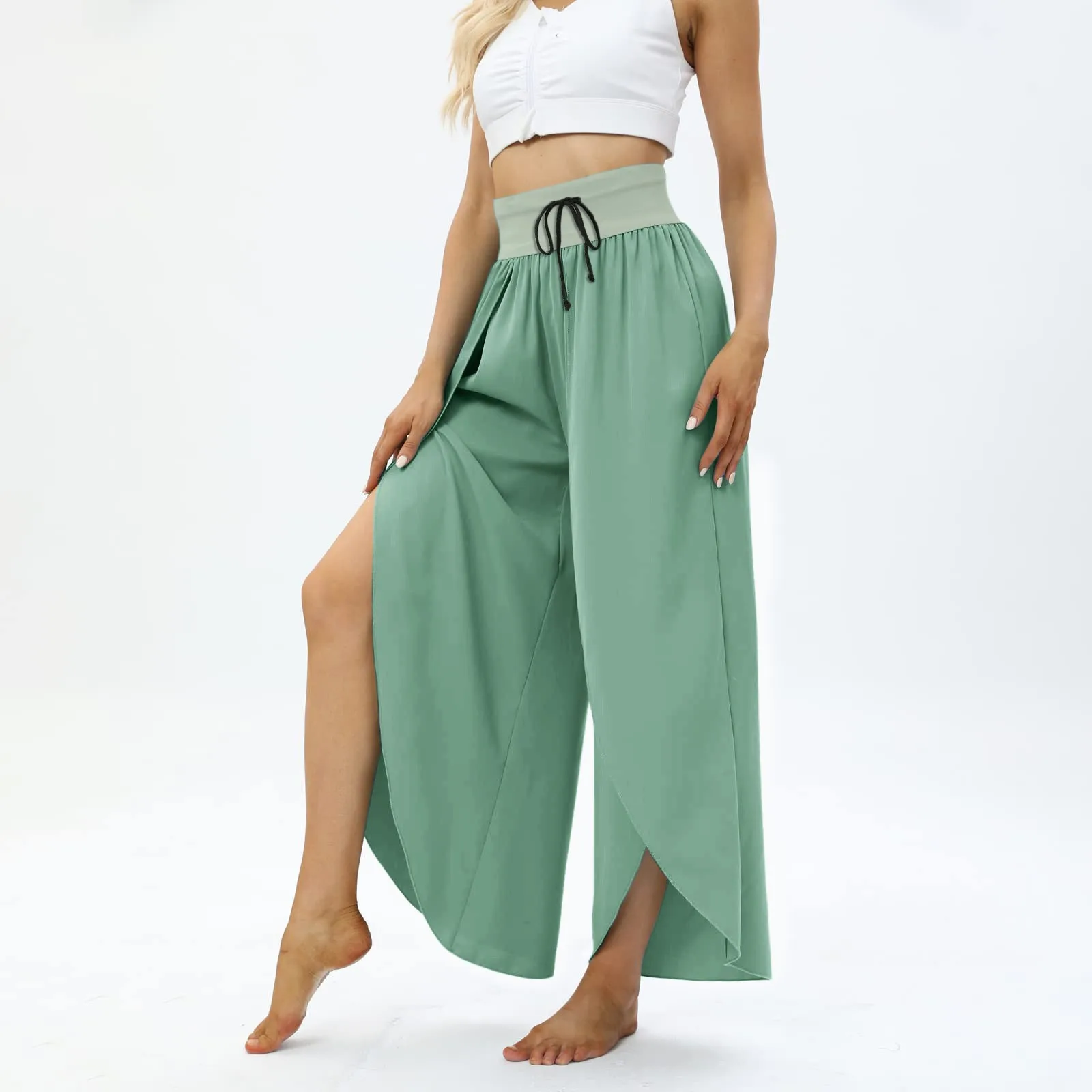 Summer Women Slit Flare Palazzo Trousers Wide Leg Pants Ruffle Hem Side Split Casual Loose Pants Elegant Lady Harem Yo-Ga Pants