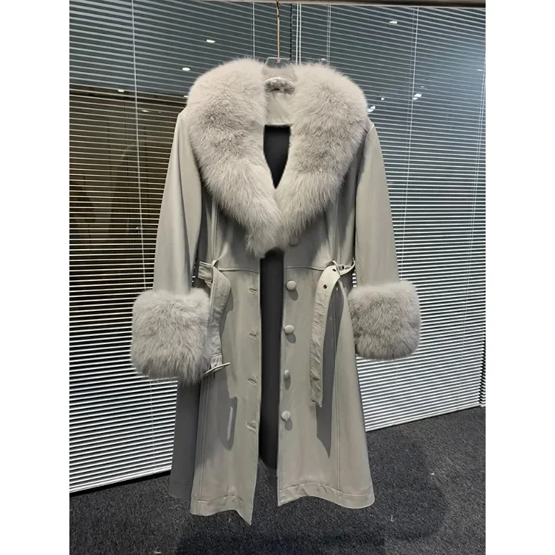 

MENINA BONITA 2023 New Winter Natural Real Fox Fur Collar Cuffs Single Breasted Genuine Leather Jacket Trench Coat Women Elegant