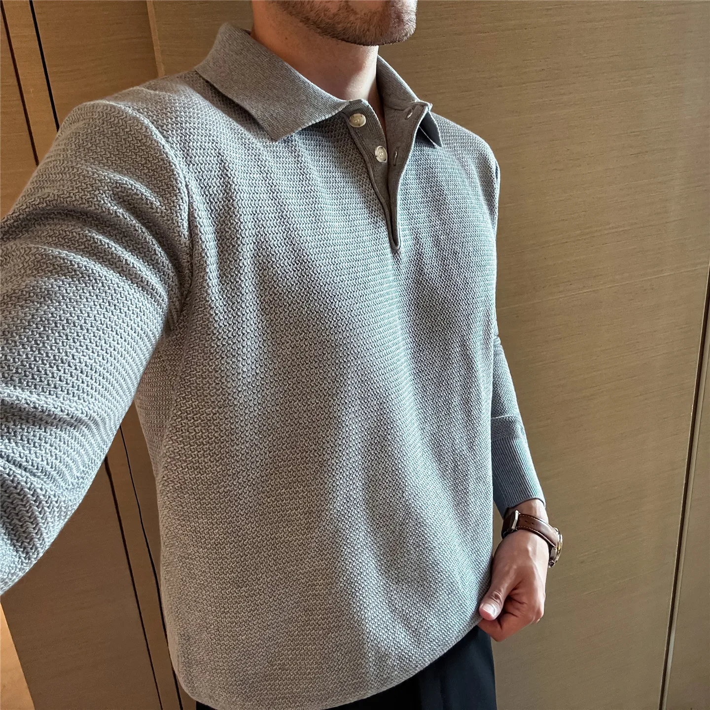 سترة رجالية من مزيج الصوف، أزرار على شكل صدفة بياقة بولو، نمط المال القديم، رمادي فاتح ​