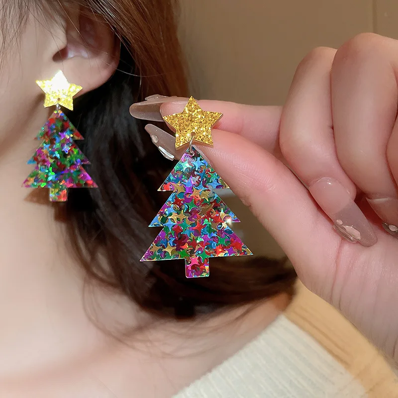 Glitter Colorful Christmas Tree Earrings for Women New Trendy Star Round Acrylic Stud Earring Xmas Party Jewelry Gifts