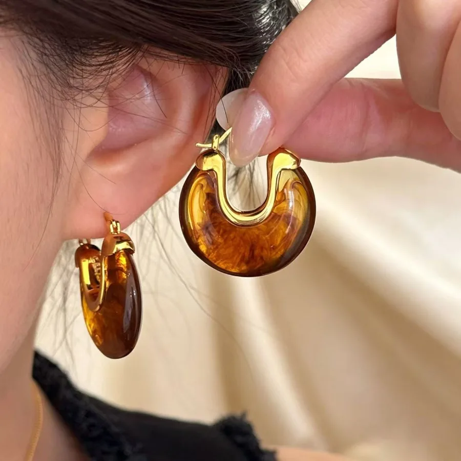 Vintage Brown Resin U-Shaped Hoop Earrings for Women New Trendy Geometric Oval Earrings Aesthetic Jewelry Accessories