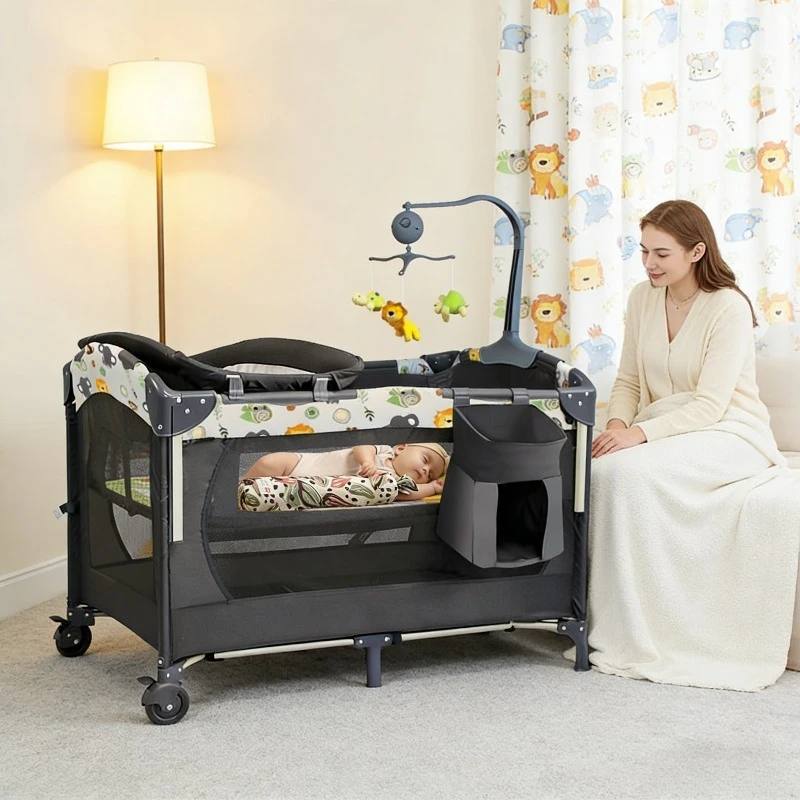 

4-in-1 Baby Bassinet Bedside Crib Pack and Play with Toys Mattress Playpen Travel Bed Nursery Center for Girl Boy Infant Newborn
