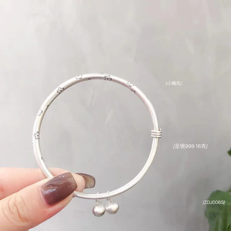 

999 Sterling Women, Jewelry, Plum Blossom Bell Bracelet, Push-Pull Ancient Method Silver