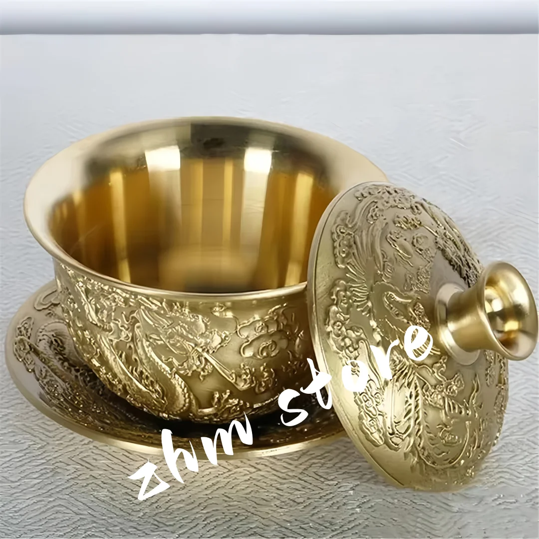 Pure Copper Coffee Cup Saucer Set 100ml Luxury Milk Mug Tea Cup Cafe Drinkware Couple Engraved Handcrafted Phoenix Dragon Gifts