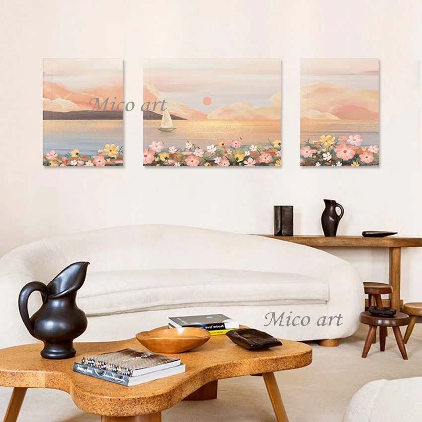 

3PCS Simple Scenery Paintings Flowers Abstract Canvas Art Handmade Picture Unframed Seascape With Boats Natural Wall Poster