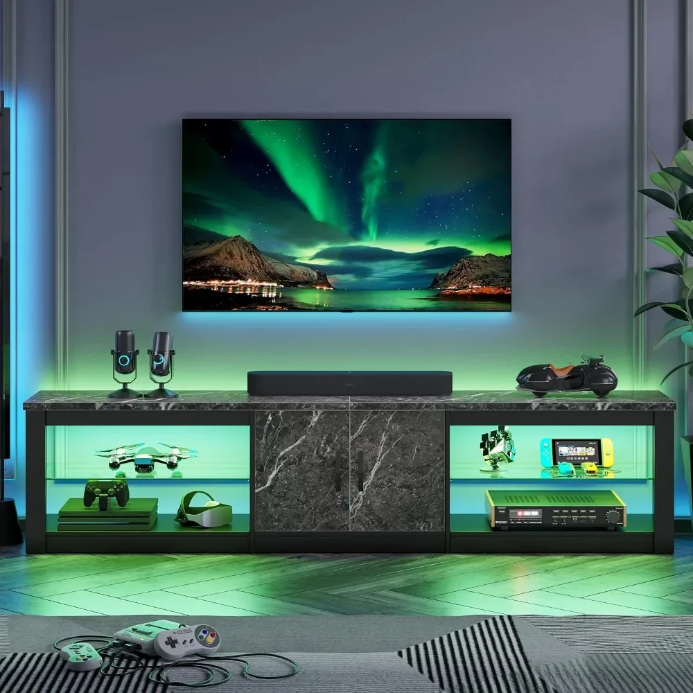 80 Inch TV Stand for 65/75/85 inch TVs, Modern LED Entertainment Center with Storage Cabinet, Adjustable Glass Shelves