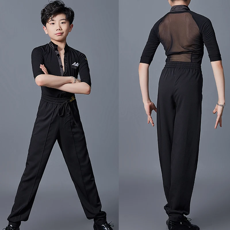 

New Children'S Modern Dancing Clothes For Boys Black Shirt Practice Pants Suits Kids Latin Performance Dance Costume SL6597