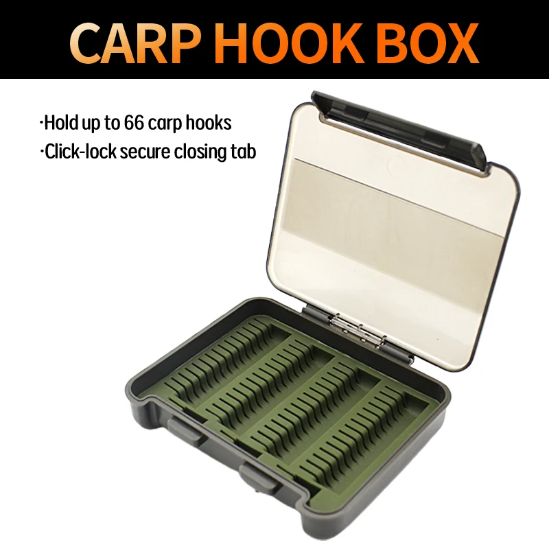 1 PC Carp Fishing Tool Carp Hook Box Hold Up To 66 Carp Hooks Slotted Silicone Insert Click-Lock Secure Closing Tab Tackle