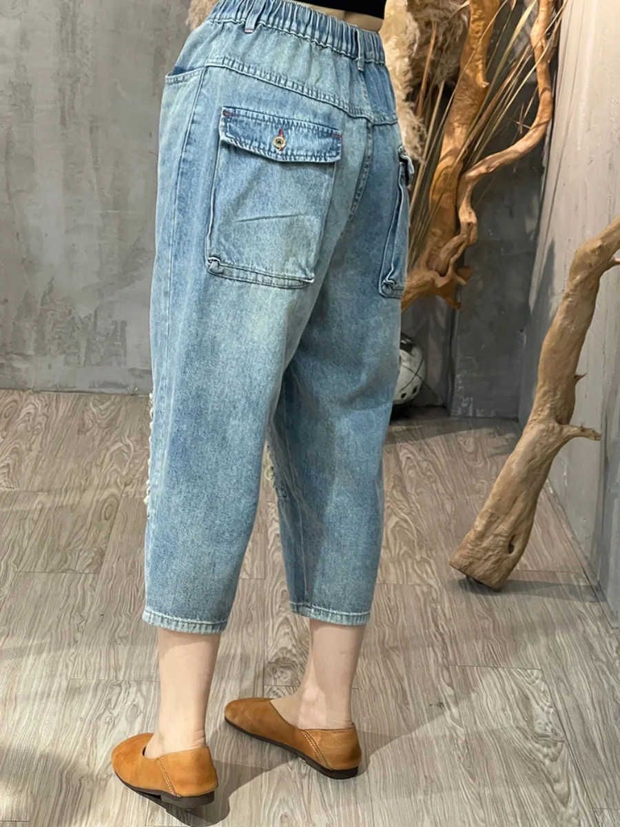 Retro Jeansy Denimowe z Wysokim Stanem, Postrzępionym Dołem, Spodnie Harlan, Letnie Cienkie, Duże Rozmiary, Odzież Damska, Vintage, Casual, Luźne...