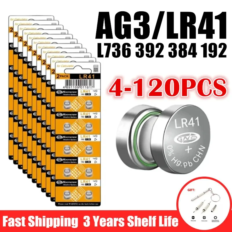 

Hot 4-120PCS LR41 AG3 SR41 384 392 L736f L736c Batteries for Bow Sight Light Watch Thermometer 1.5V Alkailine Button Batteries