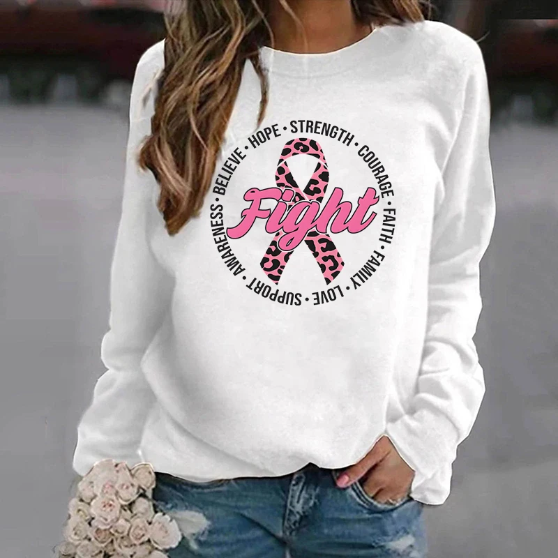 

Breast Cancer Awareness Autumn Sweatshirt Women Fight Breast Cancer Leopard Print Classic Hoodie Cancer Ribbon Print Sweatshirts