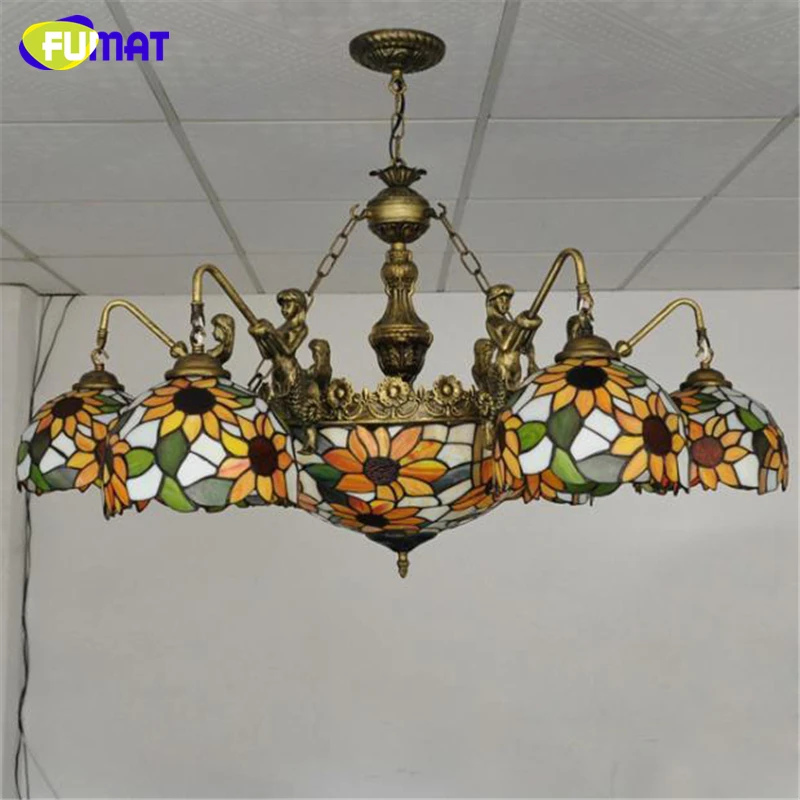 

FUMAT Sunflower Shape Chandelier European Vintage Stained Glass Light Living Room Foyer Glass Art Lustre Chandeliers Lightings