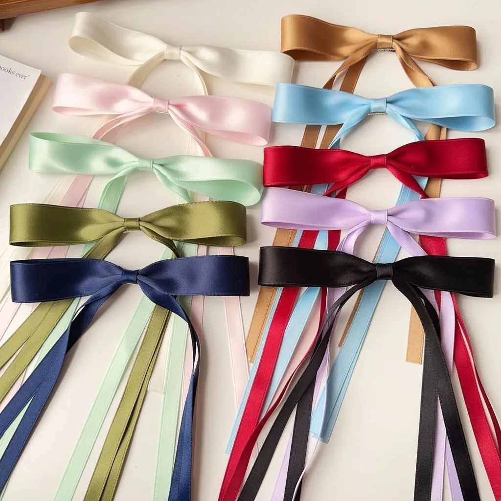 2.5cm Ribbon Bowknot Hair Clip for Girl Boutique Headwear Hairgripes Elegant Long Tassel Ponytail Colorful Hair Accessories