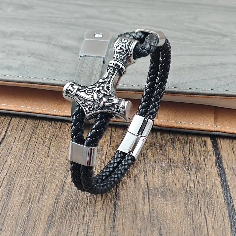 

Two-layer Stainless Steel Thor's Hammer Men's Leather Bracelet 2 Color Hand-woven DIY Size Daily Wear Charm Gift Dropshipping