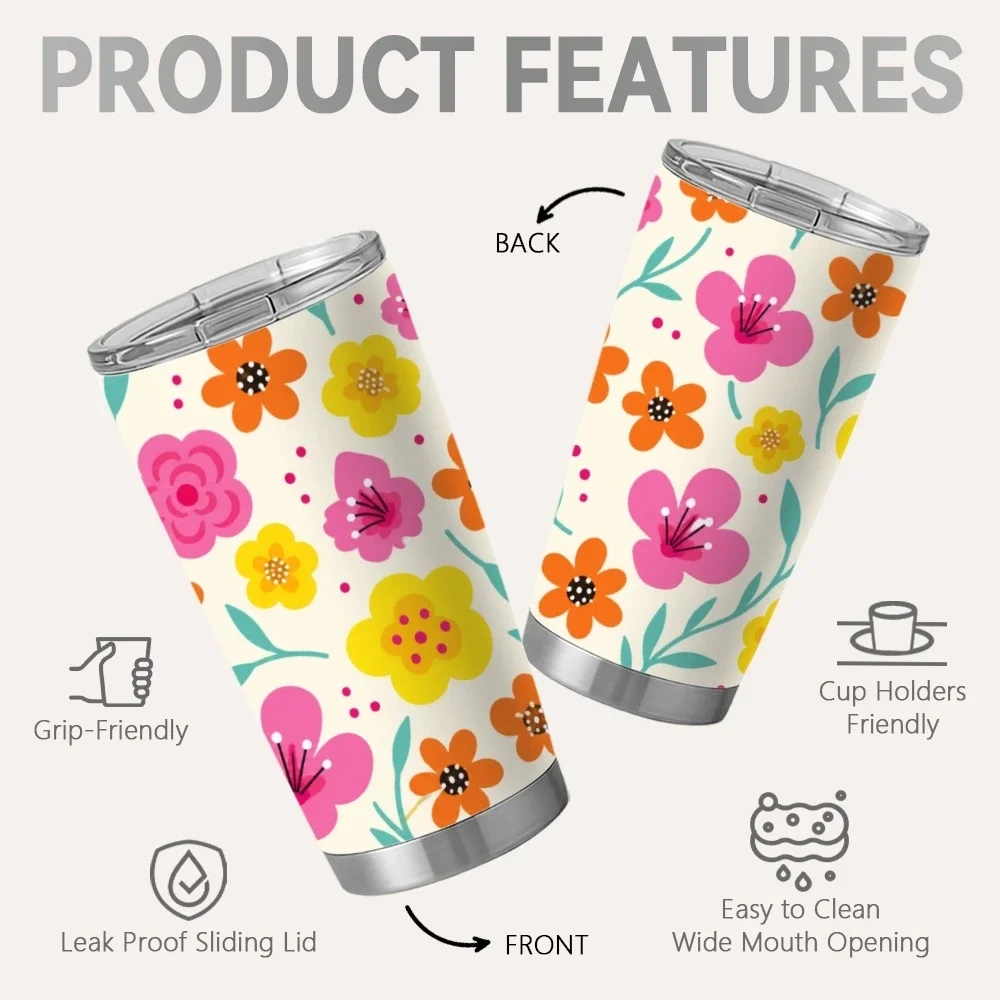 Cute Mixed Floral Vacuum Flasks 20oz Coffee Tumbler Cup With 2 Lids And Straw, Stainless Steel Vacuum Insulated Travel Mug