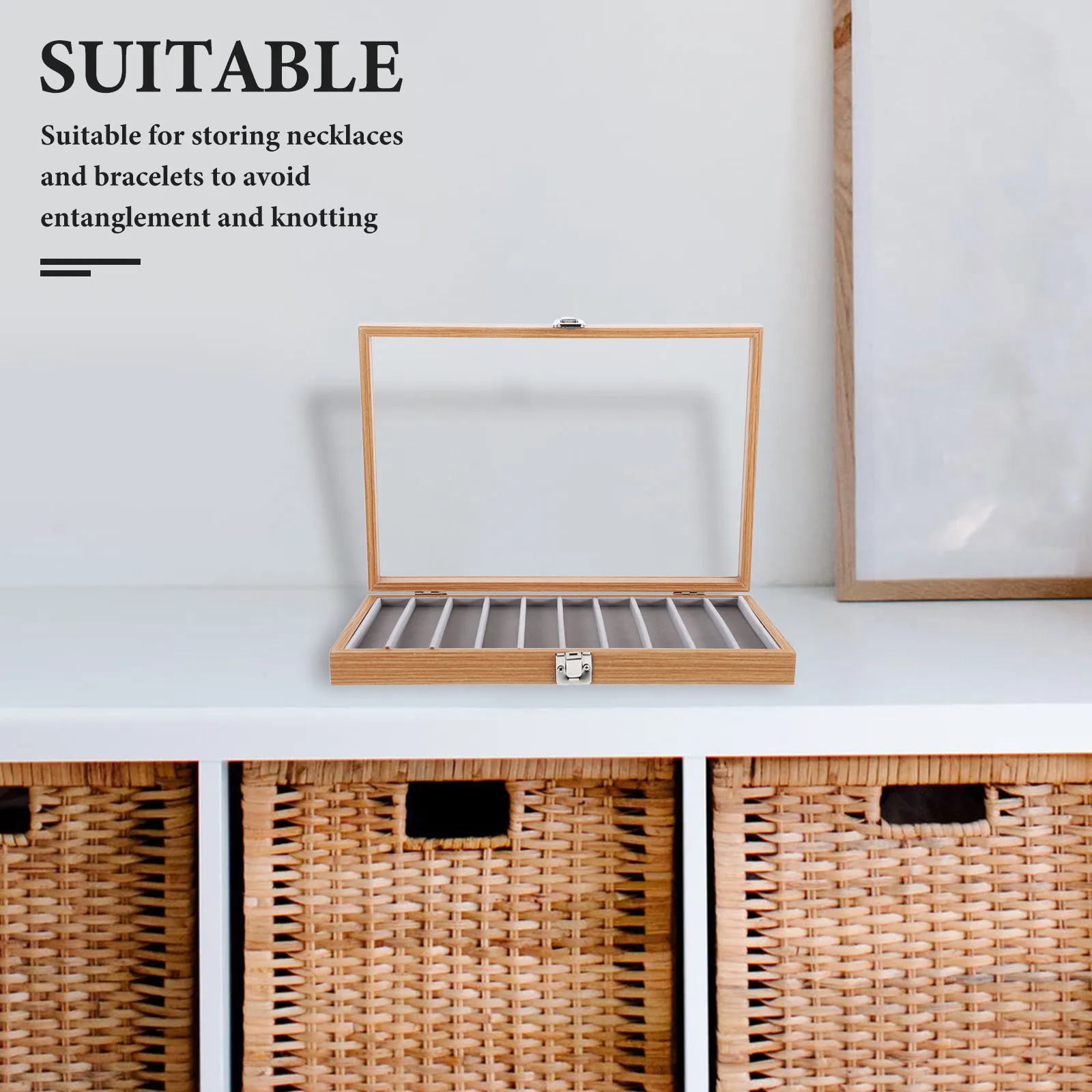 

Wooden Necklace Organizer Box with Glass Top Lid Jewelry Storage Case for Long Necklaces Bracelets Pendant Display Travel Home