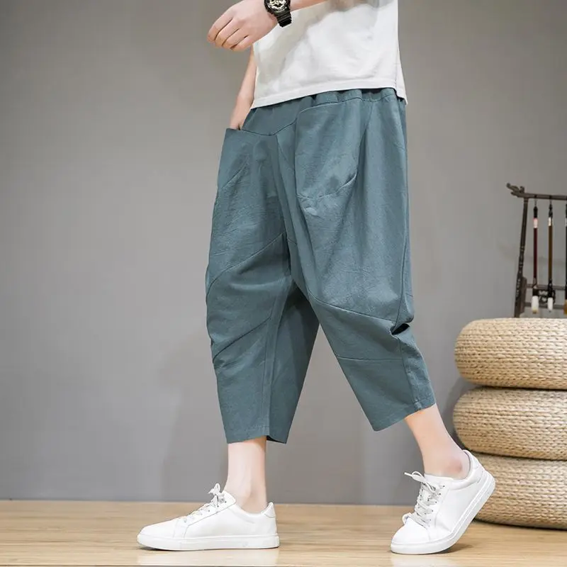 Calça de perna larga estilo chinês, calça capri de linho masculina, tamanho grande, casual que combina com tudo, jovem, verão, 2024