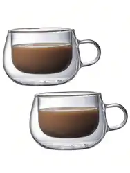 Leeseph 2pcs Double Wall High Borosilicate Glass Mug with Handle Coffee Milk Juice Water Cup Bar Drinkware Coffeeware Lover Gift