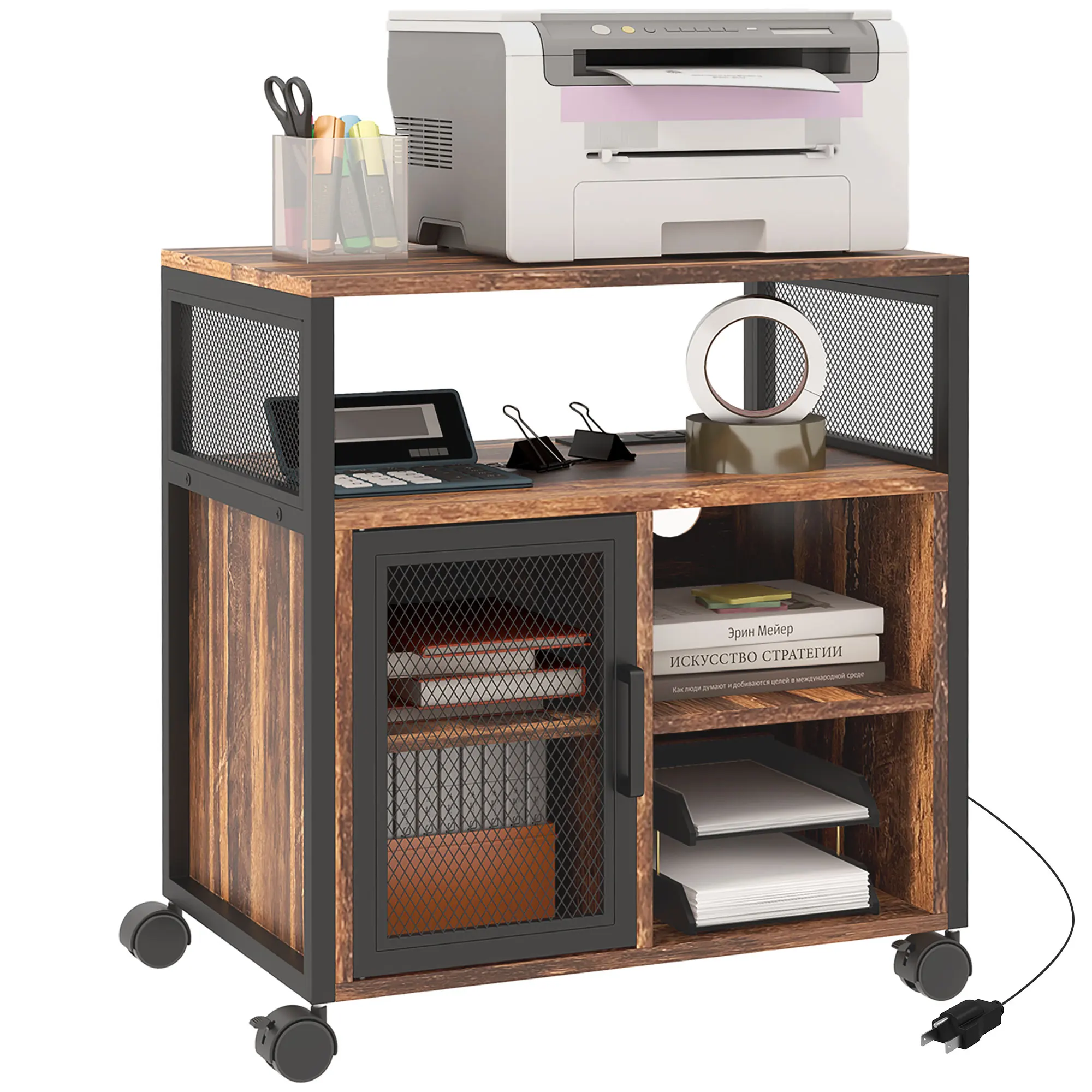Vinsetto Printer Stand Table with Socket USB Charging Ports, Rustic Brown
