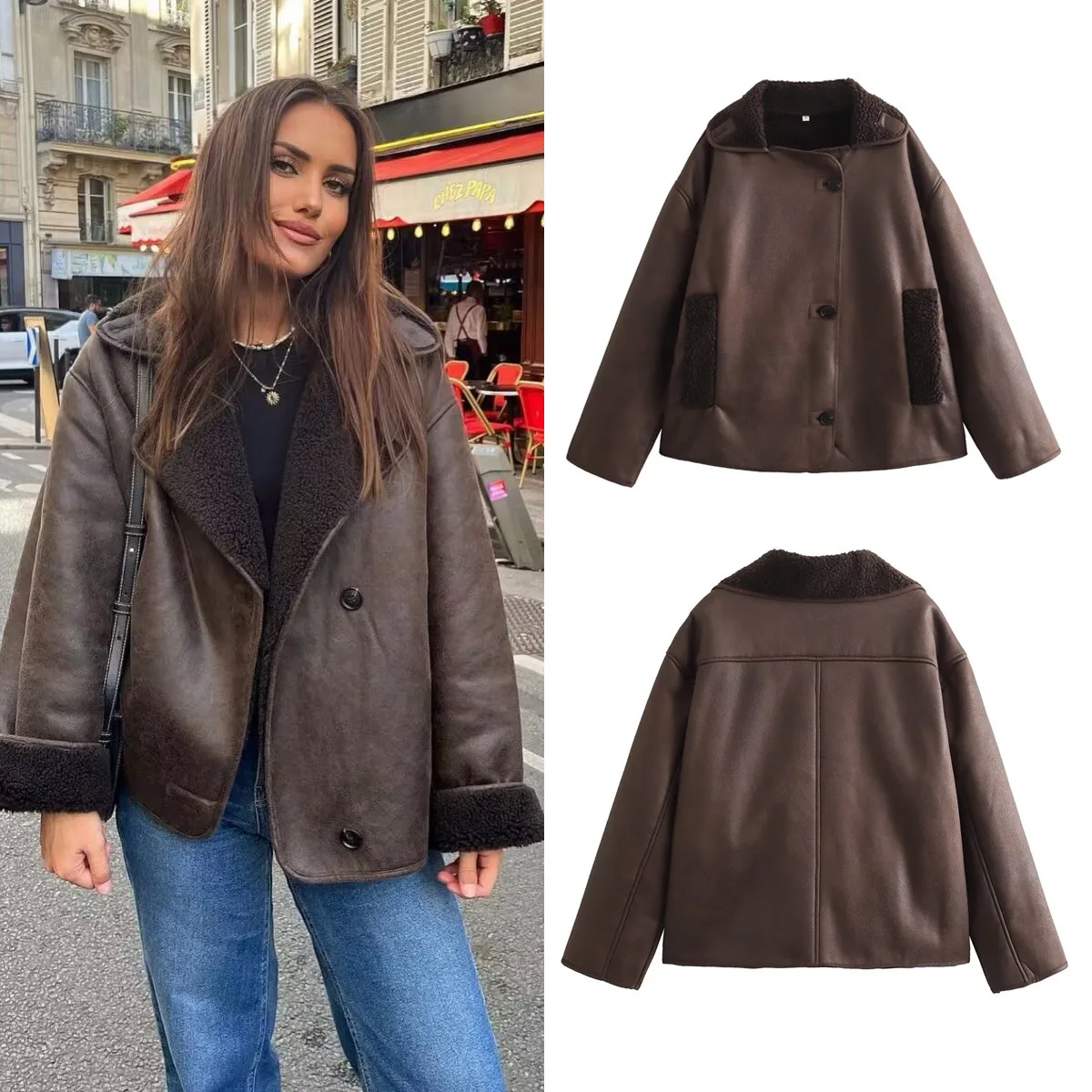 

Spring PU Jackets Outwear Women Autumn Casual Leather and Fur Coats Integrated Turn-down Collar Reversible Jacket Coat