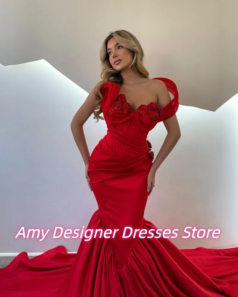 ชุดราตรีสีแดงทรงเมอร์เมดสำหรับผู้หญิง สไตล์ซาอุดิอาระเบีย เปิดไหล่ ชุดออกงานหรูหรา สามารถสั่งตัดได้