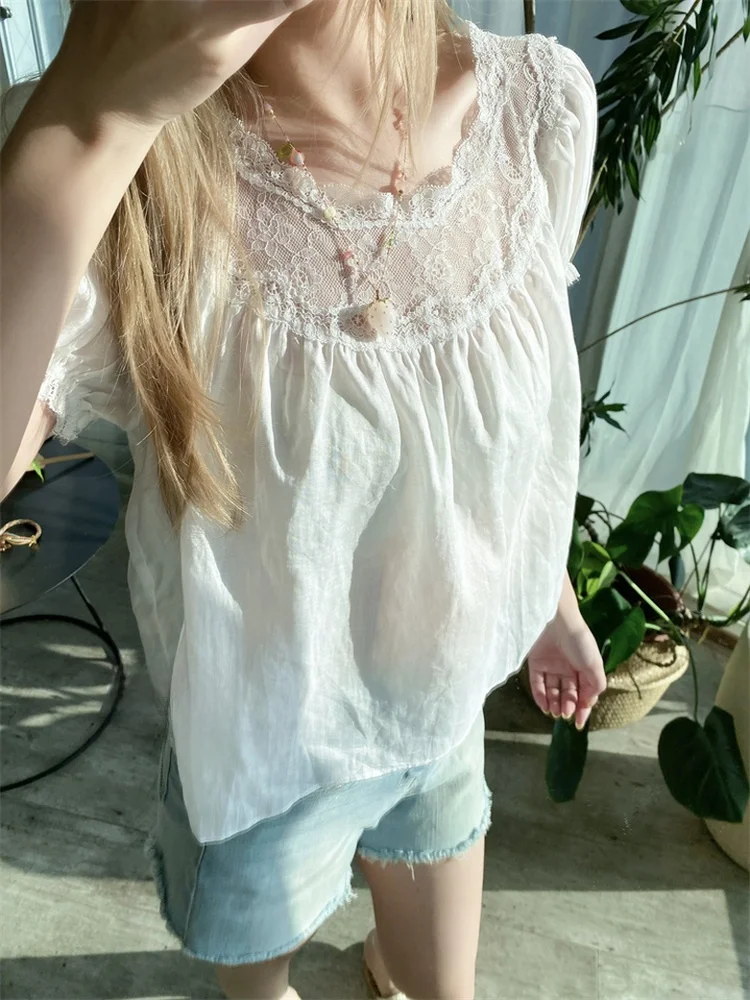 

Susan Lace Trim Splice Big round Ne Bubble Sve White See-tough irt Women's Straight Tube Summer Casual Blouse