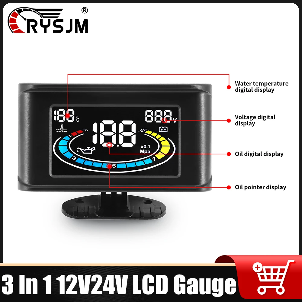 

Манометр давления масла 12 В 24 В, вольтметр, вольтметр 3 в 1, ЖК-датчик для грузовика с датчиком давления 1/8 NPT, автомобильные аксессуары