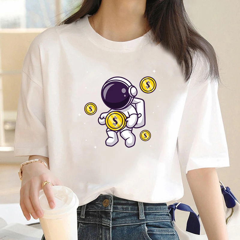 T-shirt Female Summer Fashion Casual Cartoon Astronaut Astronaut Print Pattern Series Top O-neck Slim Comfortable Commuter Shirt