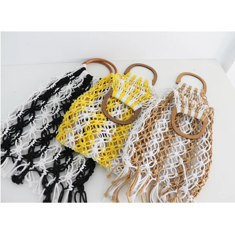 

Fashion Women's Colorful Hollow Handheld Woven Bag Cotton Thread Woven Bag Leisure Beach Bag Simple Wooden Handle Handbags