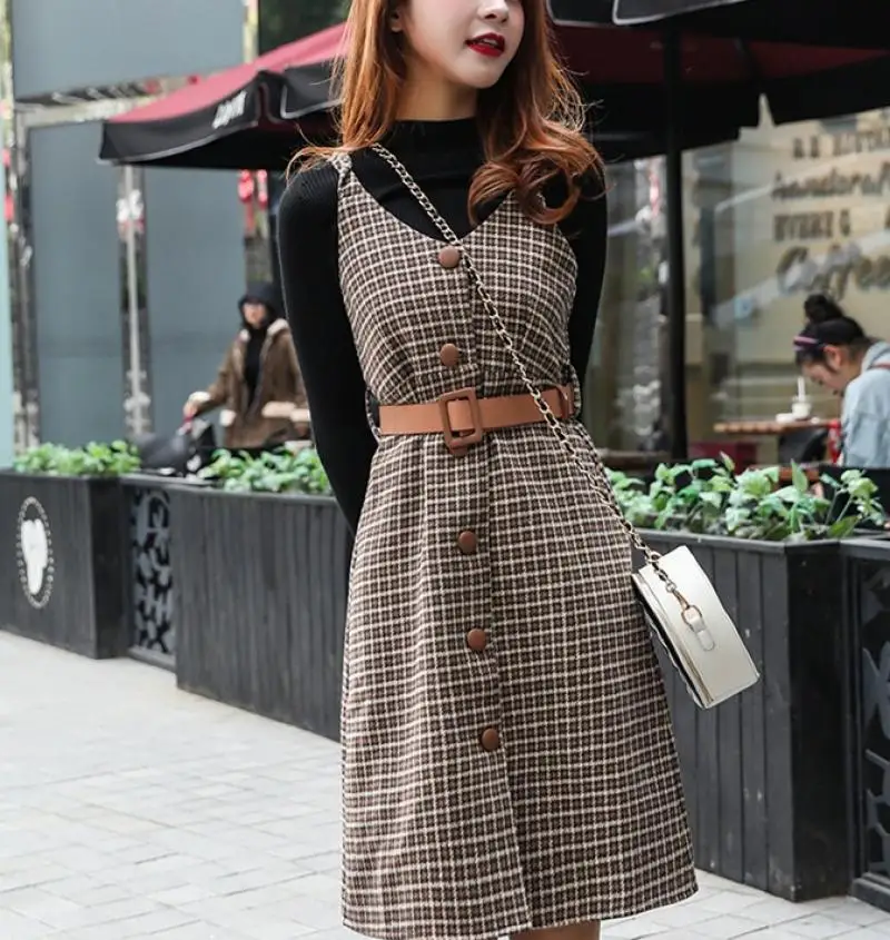 2024 Two-Piece Women Korea Style Dress Sets Tweed Strappy Dress Women\'S Mid-Length Bottomed Knitwear Set Skirt Warm Casual Suits