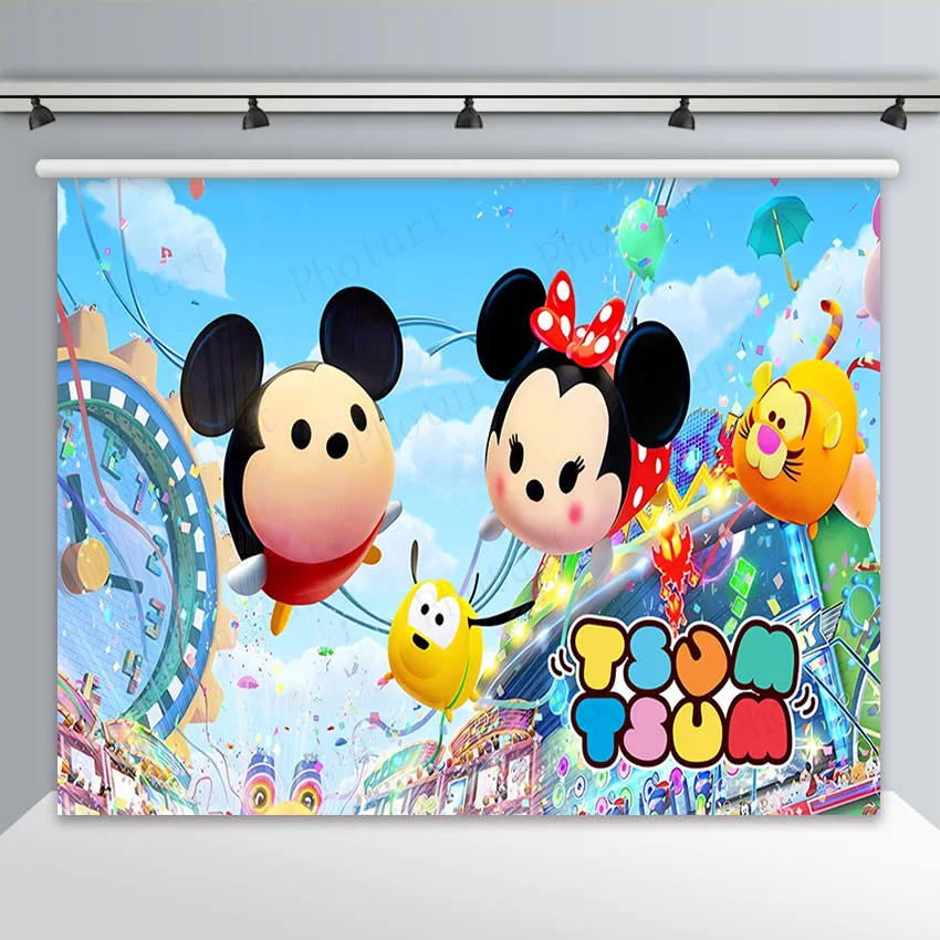 Disney Tsum Tsum Backdrop Kids Birthday Party Photo Background Disneyland Mickey Toy Doll Polyester Vinyl Decoration Props