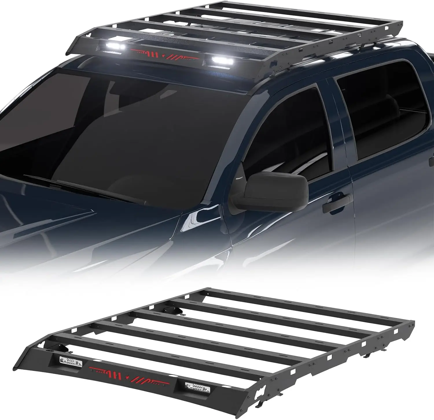 سلة سقف/رف أمتعة مناسب لـ 2014-2021 Toyota Tundra CrewMax (طاقم) نماذج الكابينة إطارات حامل البضائع شديدة التحمل باللون الأسود #1