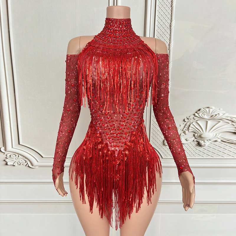 

Sexy Gogo Dance Clothing Red Rhinestone Bodysuit With Tassel Singer Ds Stage Clothes Nightclub Costume Female Rave Outfit 2339