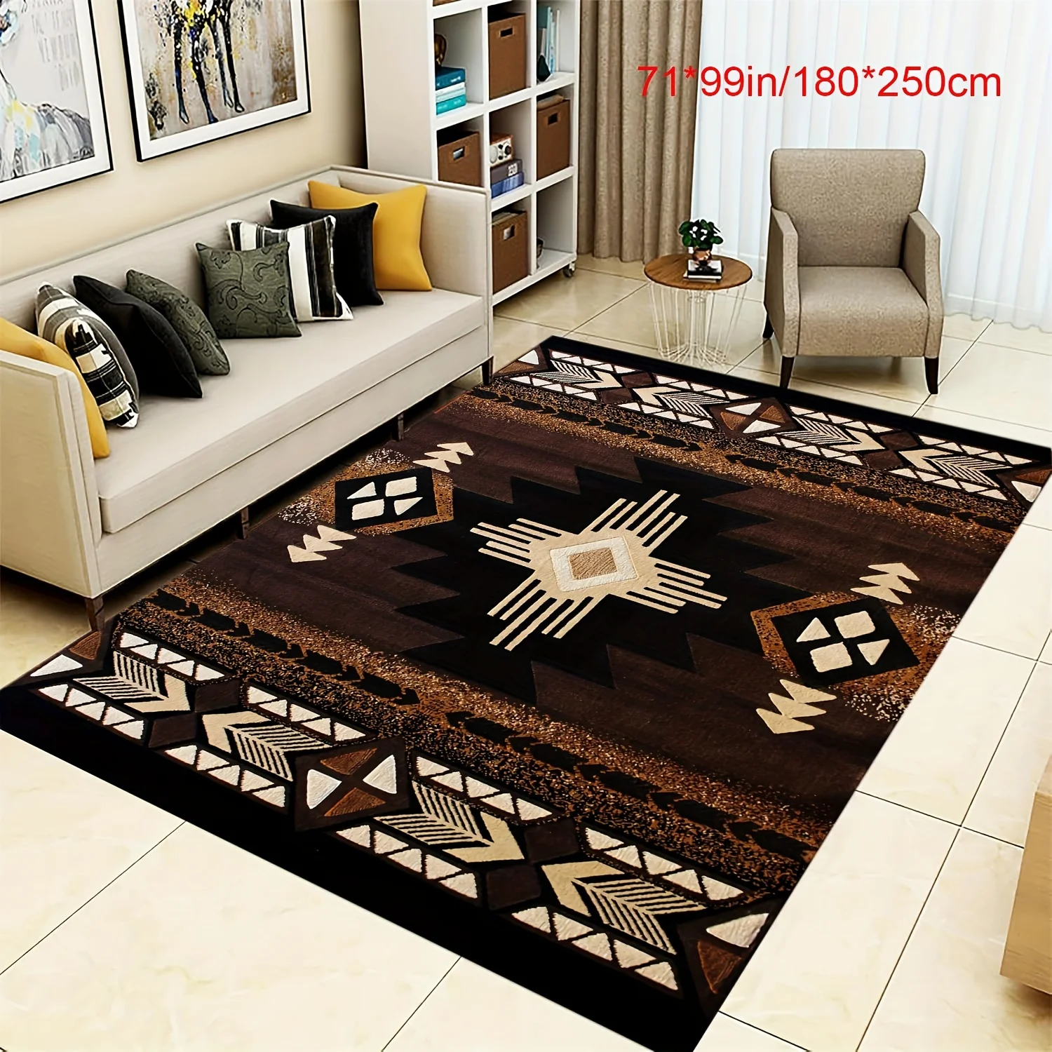 VIKAMA Boho Tribal Geometric Floor Rug,Anti‑Slip Mat,Ethnic Brown Black Aztec Print Carpet for Living Room Office Indoor Decor