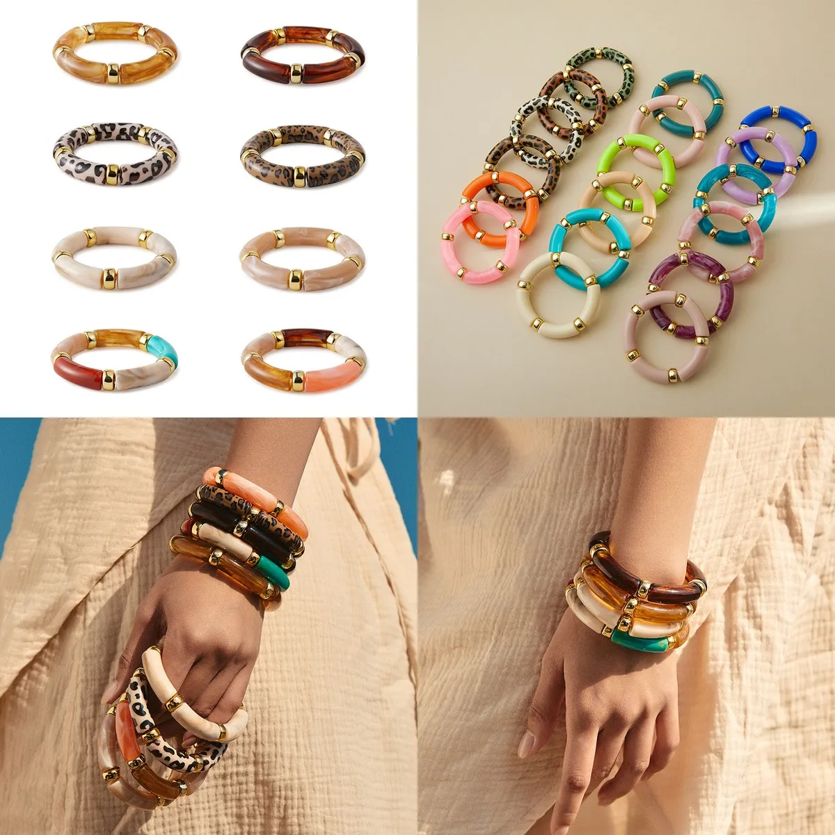 Boho Style Elastic Acrylic Bracelet for Women – Trendy Resin Swirl Wristband, Fashionable Hand Jewelry