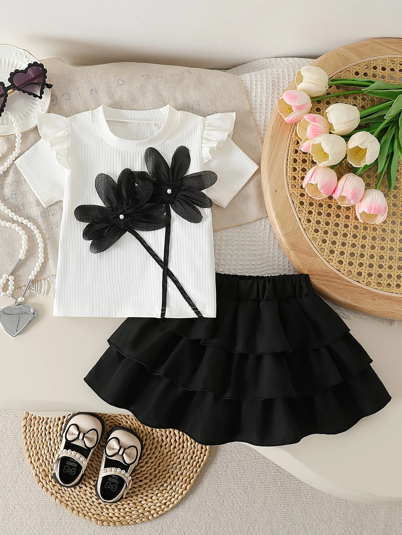 

Cute Baby Girl Set: Ruffled Sleeve Top with 3D Flower + Black Skirt | Perfect Valentine/Birthday Gift for Little Girls
