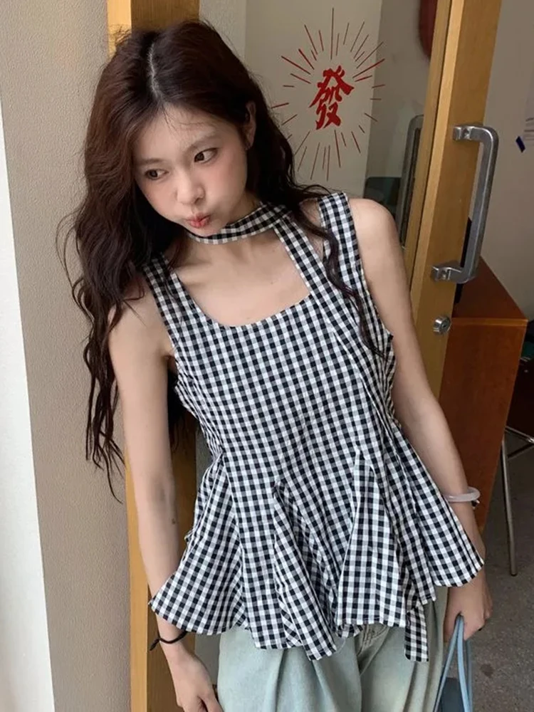 Jmprs Sweet Cute Plaid Tanks Women Lace Up Elegant Casual Summer Tops Vintage Loose Japan Kawaii All Match Design Female Tanks