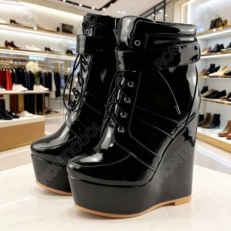 

Ronticool/женские ботильоны в стиле вестерн, глянцевая повседневная обувь на танкетке с круглым носком, разные цвета, размер 52, доступны большие размеры