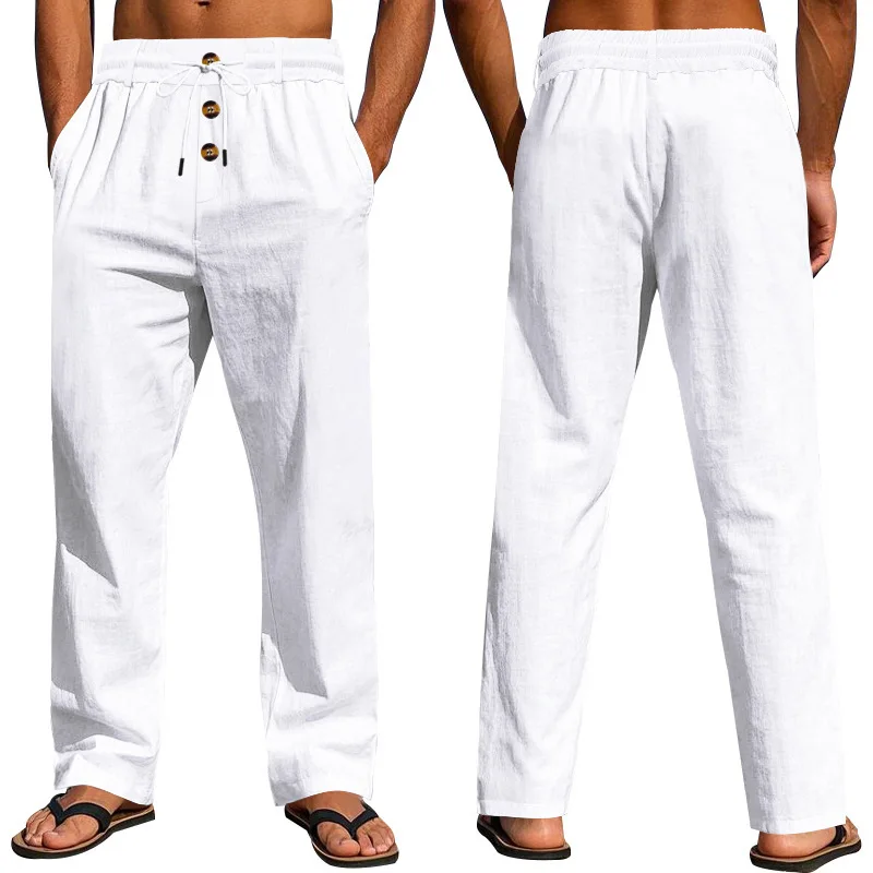 

American casual pants men's summer beach trend button loose skin-friendly breathable sports linen trousers