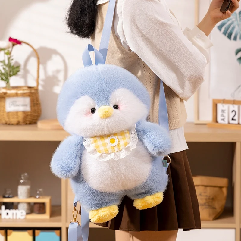 Pinguïn pluche rugzak pluizige slabbetje cartoon dierentas blauw roze zwart Plushie Peluche schooltas cadeau