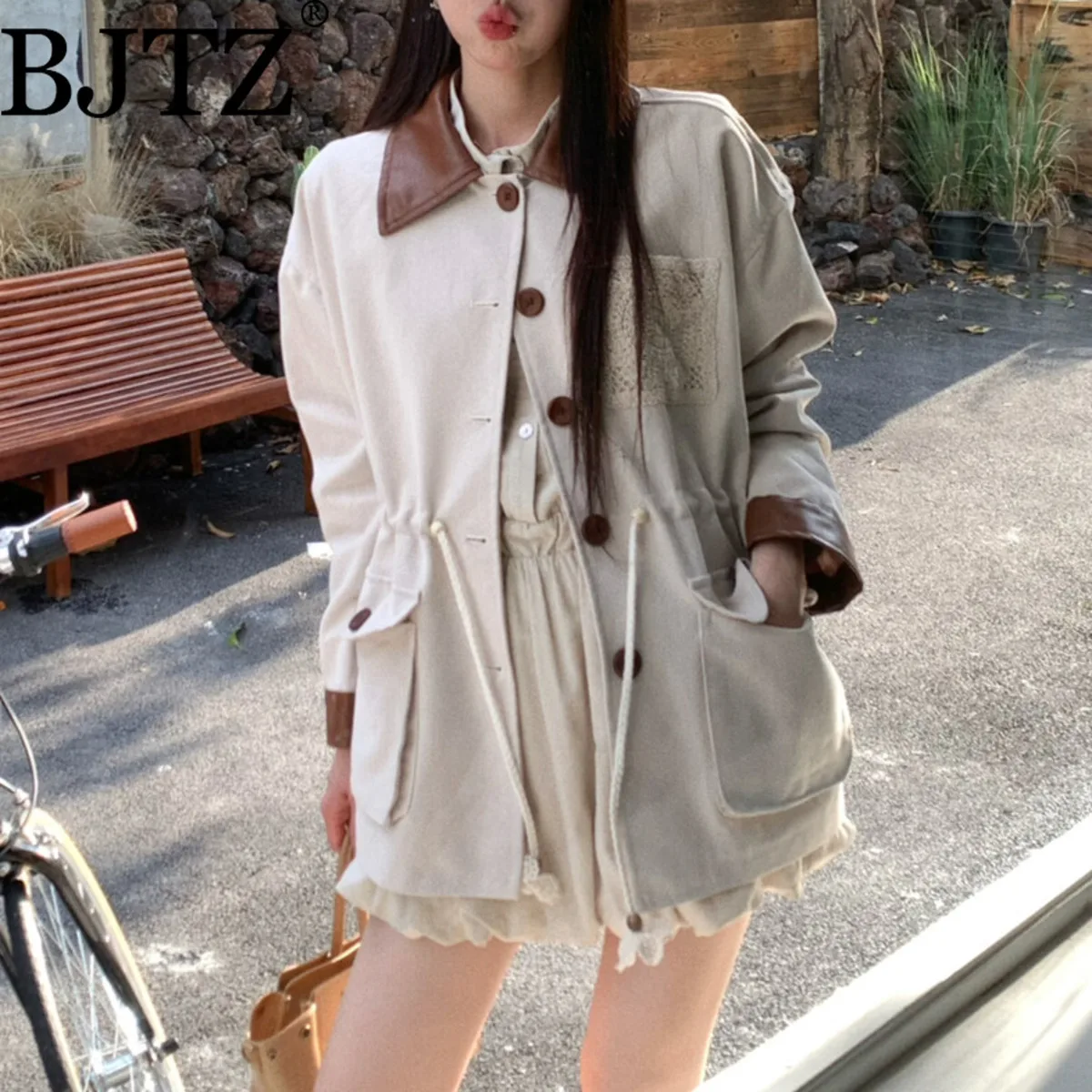 

BJTZ 2025 AW женская куртка с зубчатым воротником и завязками на талии, укороченное пальто большого размера, повседневная осенне-зимняя верхняя одежда